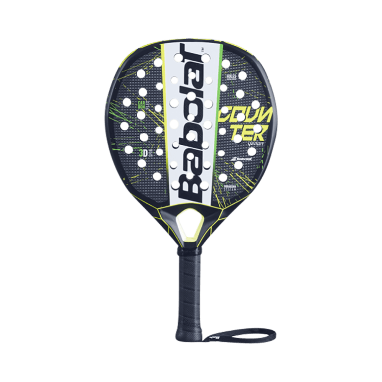 Babolat Veron Counter är ett runt padelracket i mörklbått och gula detaljer