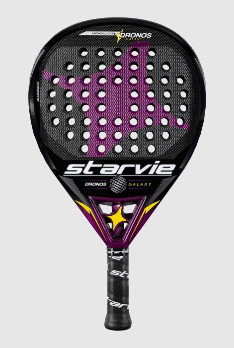 Starvie Dronos Galaxy 2021 är ett svart racket med lila detaljer. Med sin droppform och medelhöga balans är det ett padelracket med både fart och kontroll. Erbjuder bra komfort