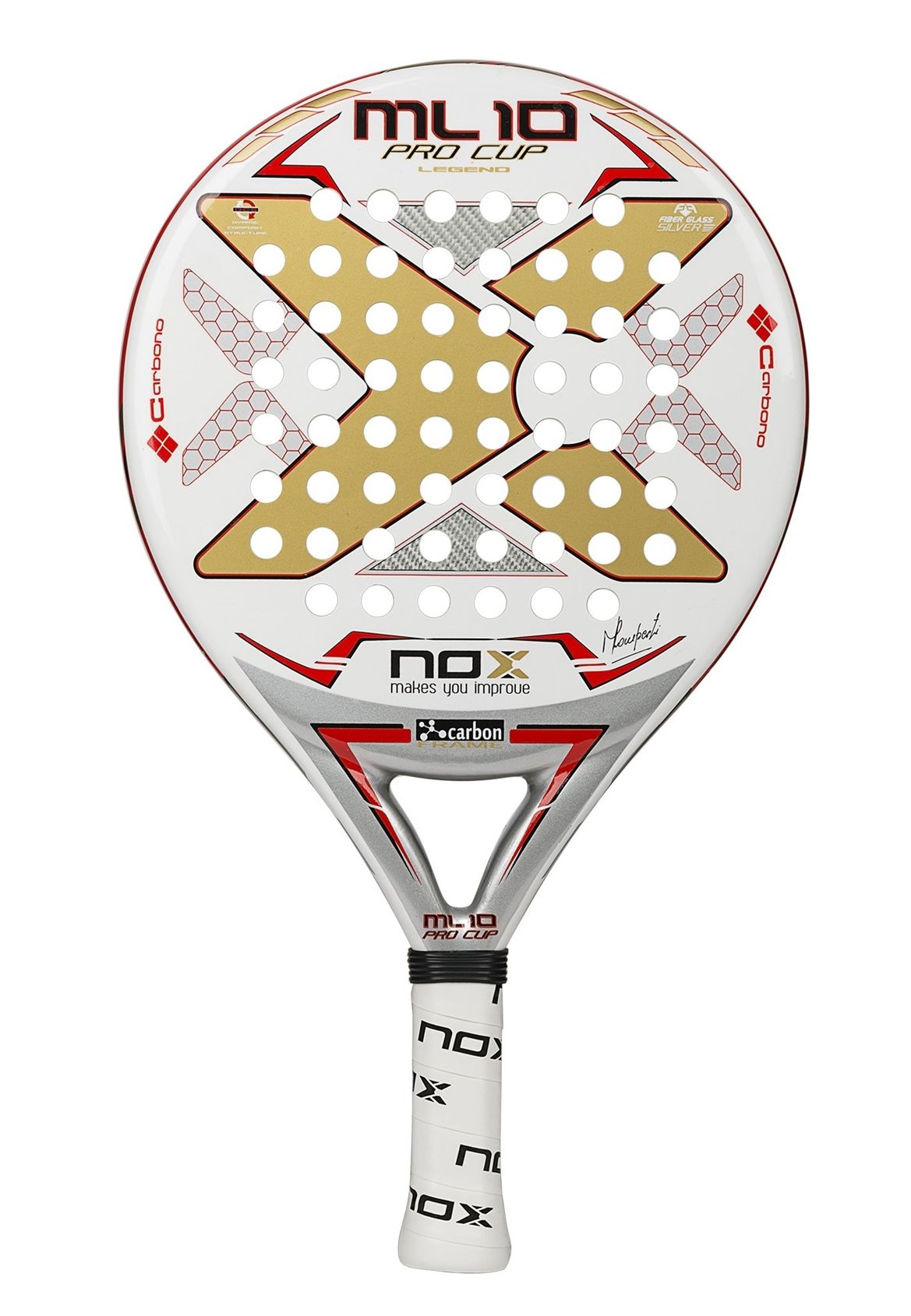 NOX ML10 Pro Cup är ett ikoniskt padelracket som är ett av de mest sålda i världen. Välkänd för sina skonsamma egenskaper och lämpar sig vid problem med padelarmbåge. Erbjuder högklassig kontroll och bra med fart i slagen. Snygg design i vitt och rött.