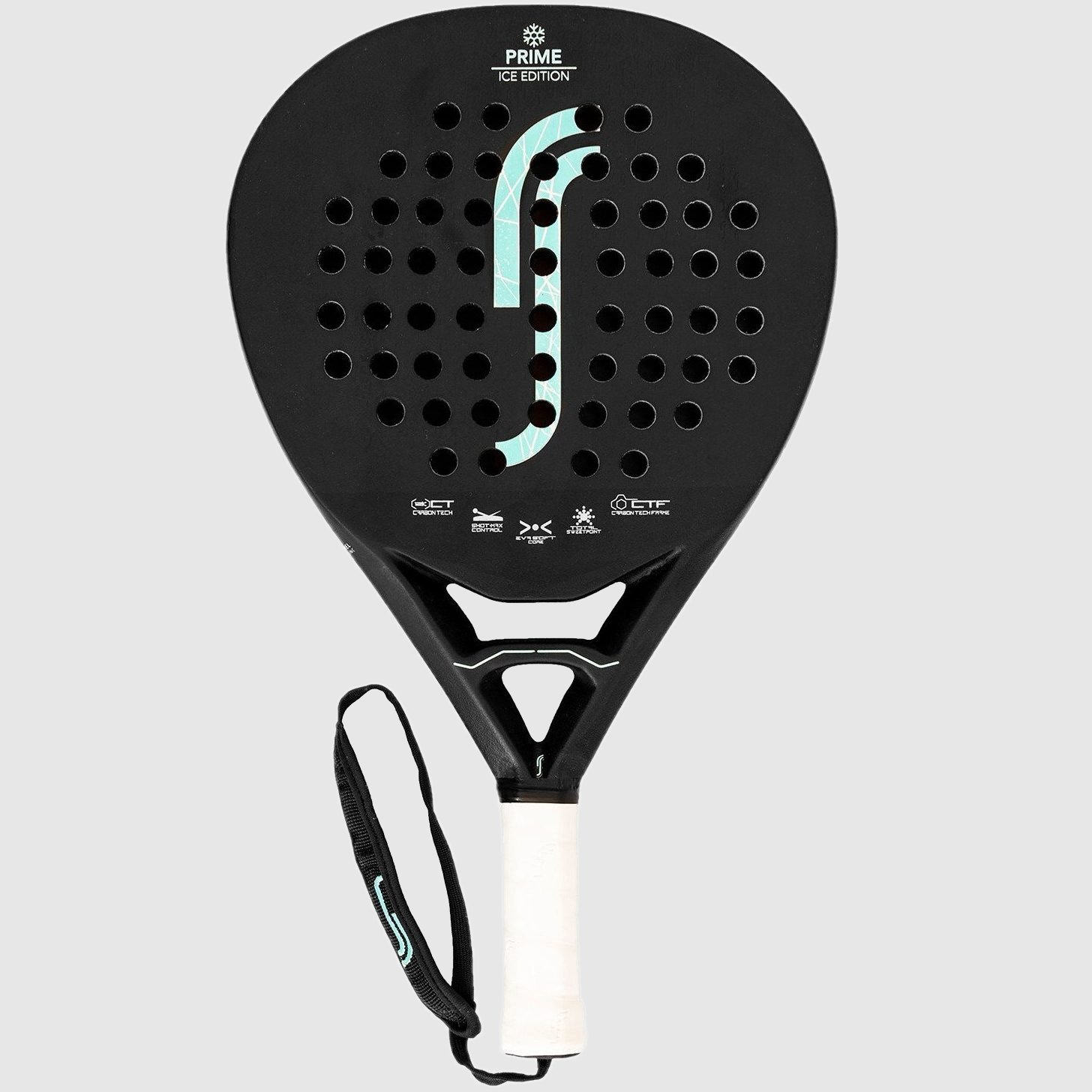 Allroundracket RS Prime Luxury Ice Edition framifrån. Ett svart racket med ljusblåa detalj. På MerPadel.se har vi testat det och skrivit en recension.