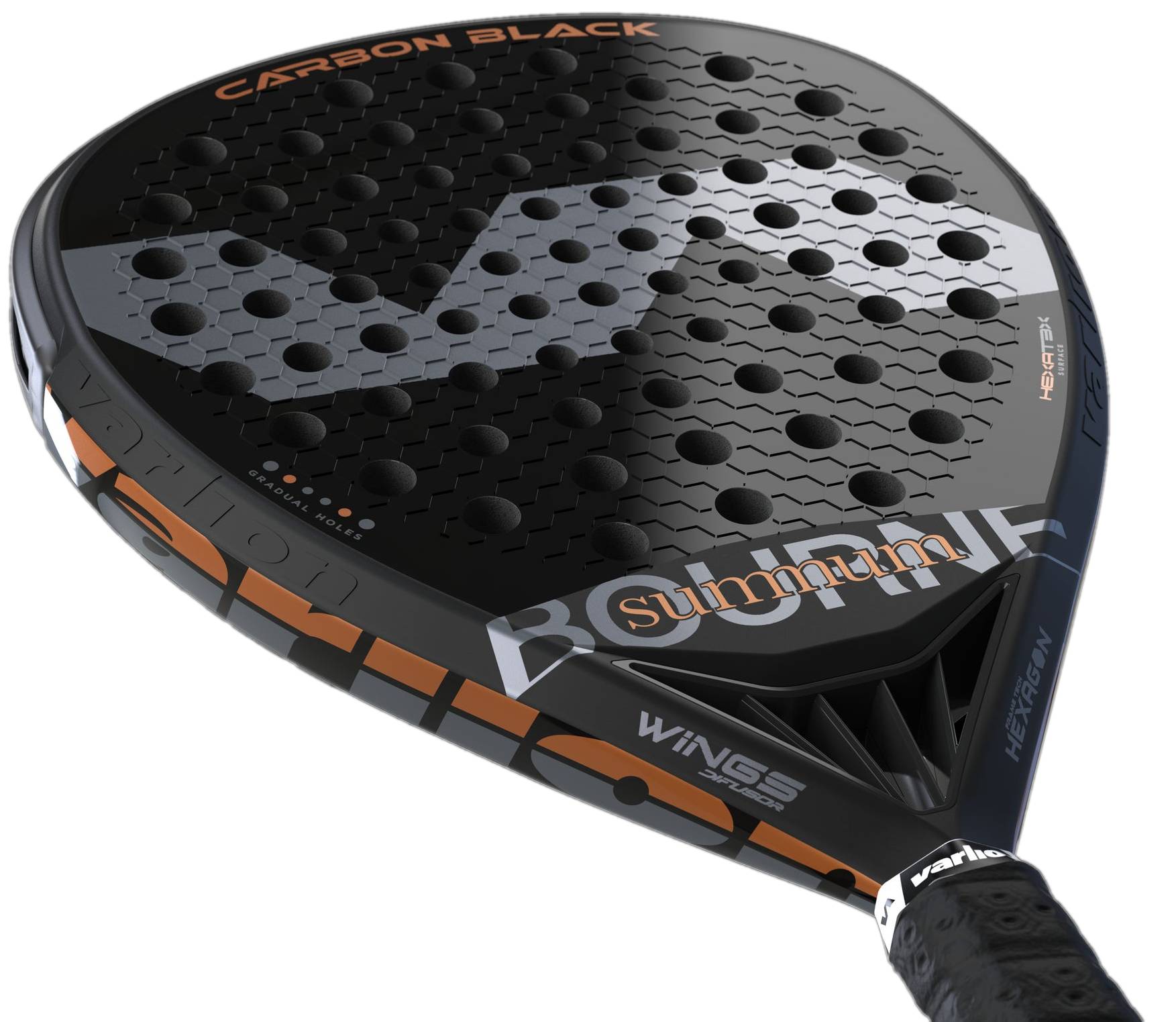 Varlion Bourne Summum Carbon Black 2022 betyg, omdöme och review. Bilden visar den ruggade ytan på racket som ger en suverän spin på bollen.