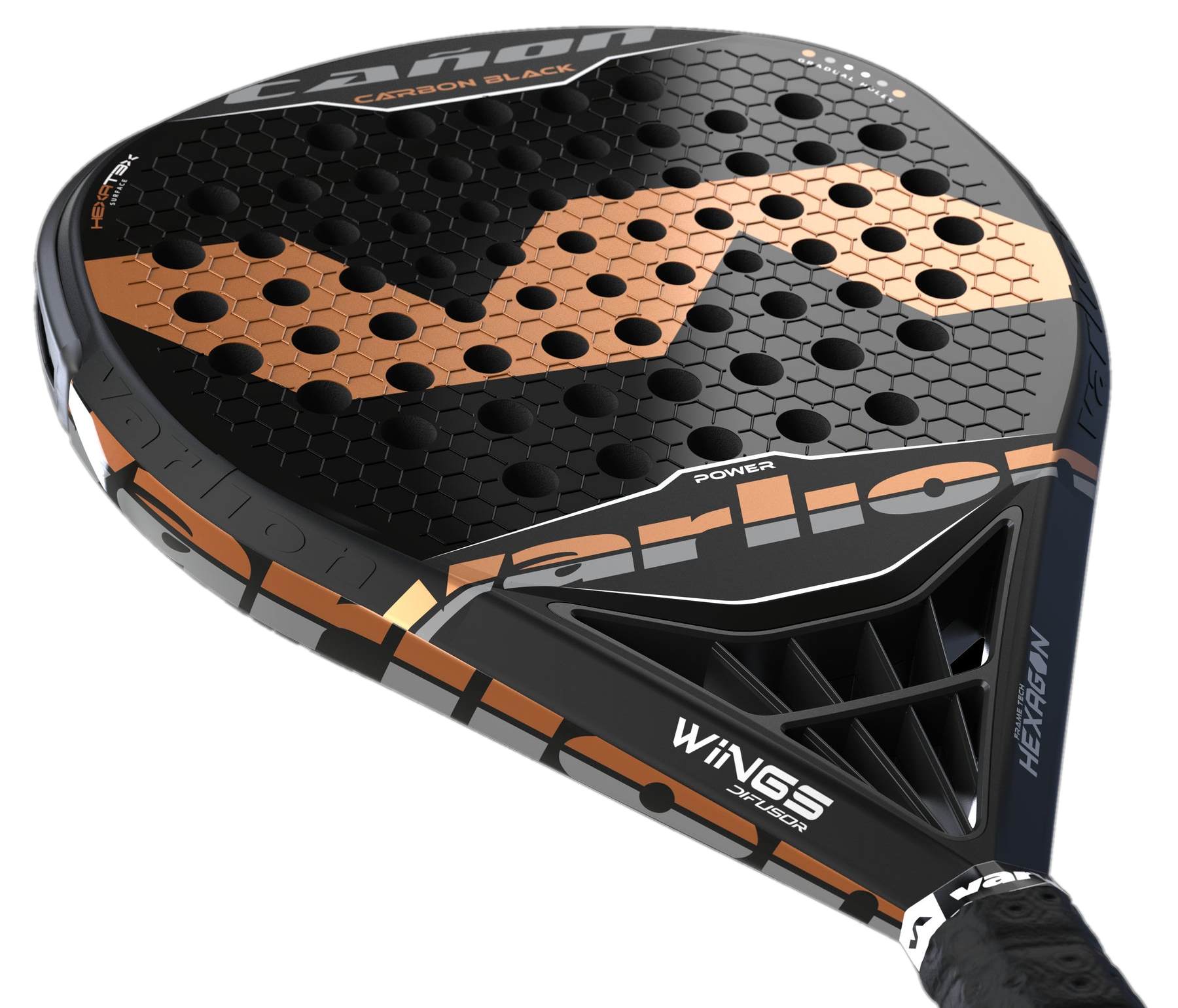 Varlion Canon Difusor Carbon Black 2022 test, review och omdöme. Den hexagonmönstrade träffytan hjälper till och genererar skruvar på padelbollarna.