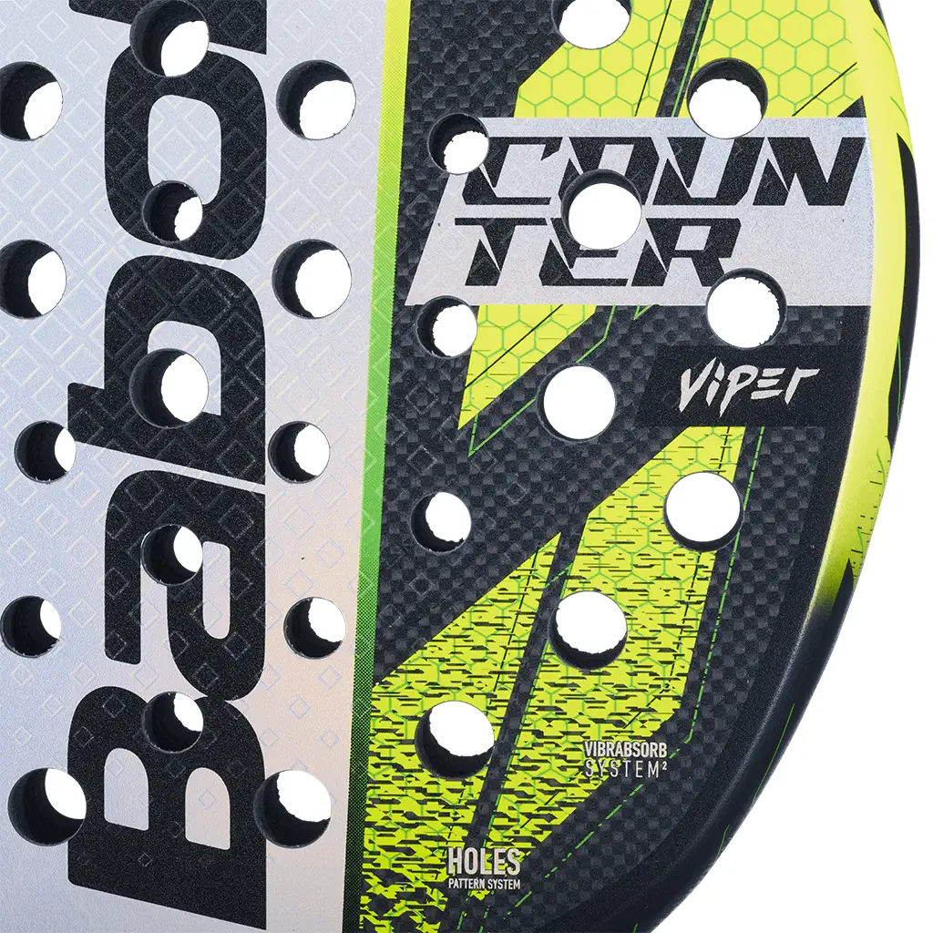 Närbild på Babolats toppmodell Viper Counter 2023. Ett kontringsstarkt padelracket som gör sig stark i defensiven.