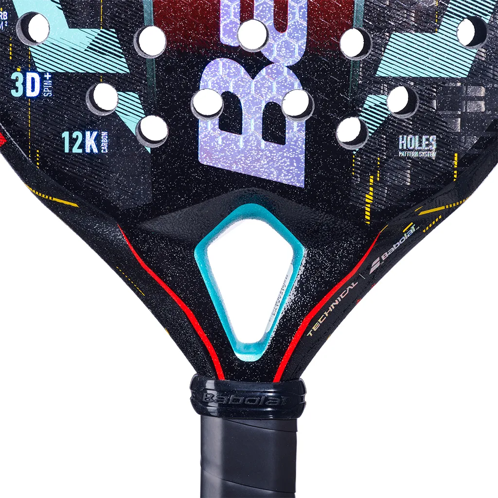 Babolat Viper Technical Juan Lebrón 2023 test, betyg, recension. Närbild på rackethalsen, där man bland annat ser sandpappersytan tydligt.
