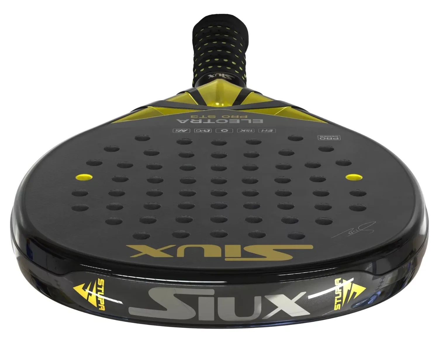 Slagytan på Siux Electra ST3 Stupa Pro 2024, som kan liknas vid sandpapper. Ger extra effekt i skurna slag.