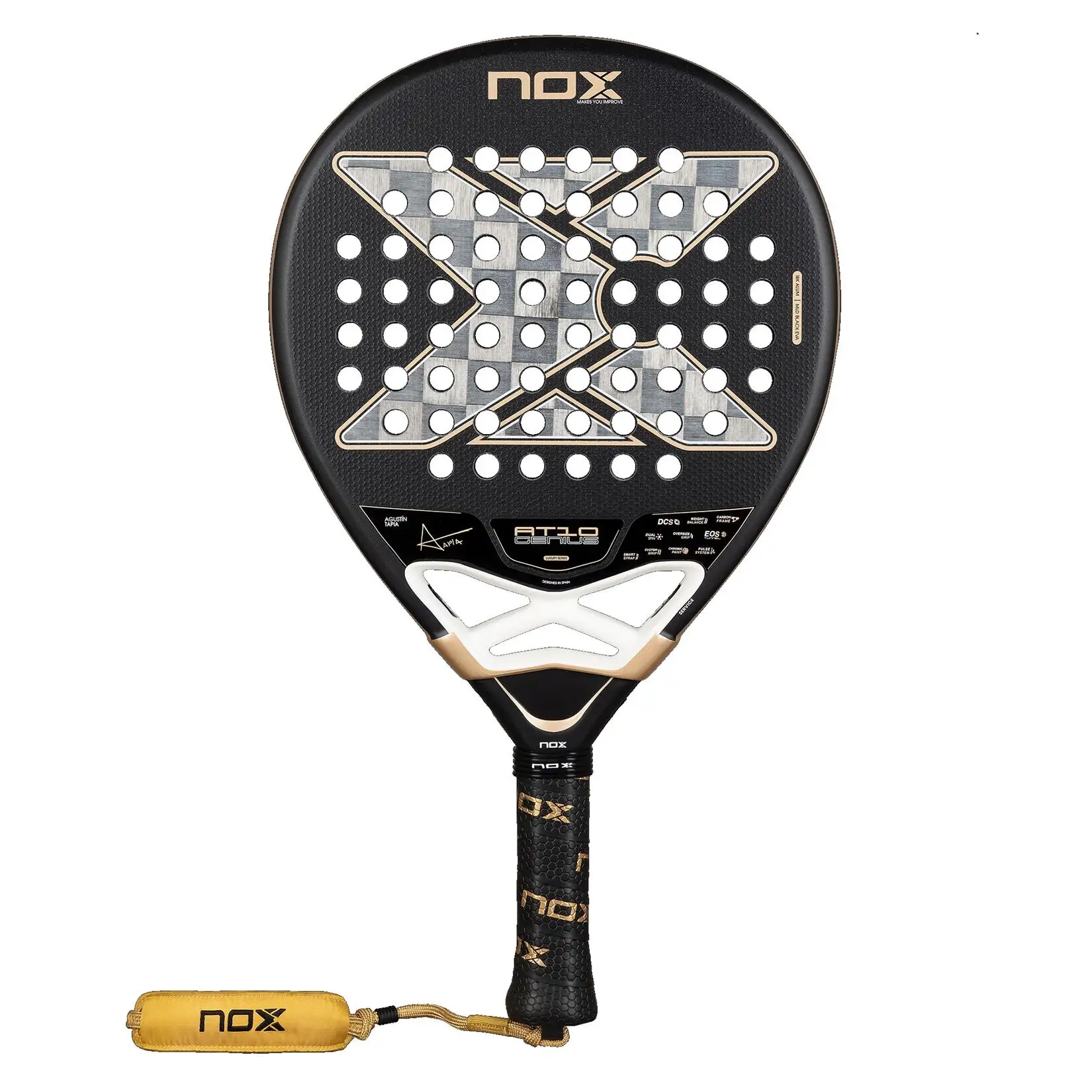 Nox AT10 Luxury Genius 18K Alum 2026 har både en räfflad yta och en sandpapperstruktur, som går slicade slag otroligt roliga att slå.