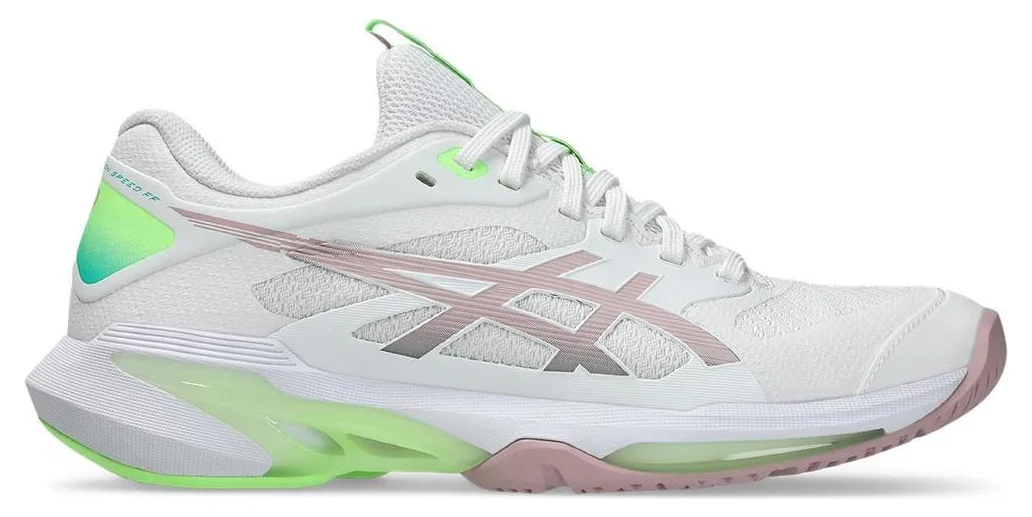 Asics Solution Speed FF4 dammodell i vitt med gröna och rosa detaljer.